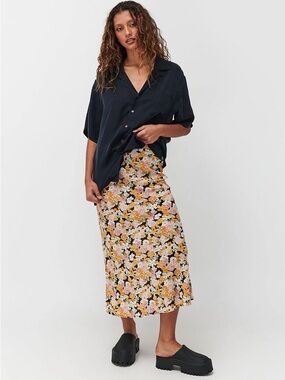 Ghanda Black Floral Midi Skirt with Yellow and Pink Blooms